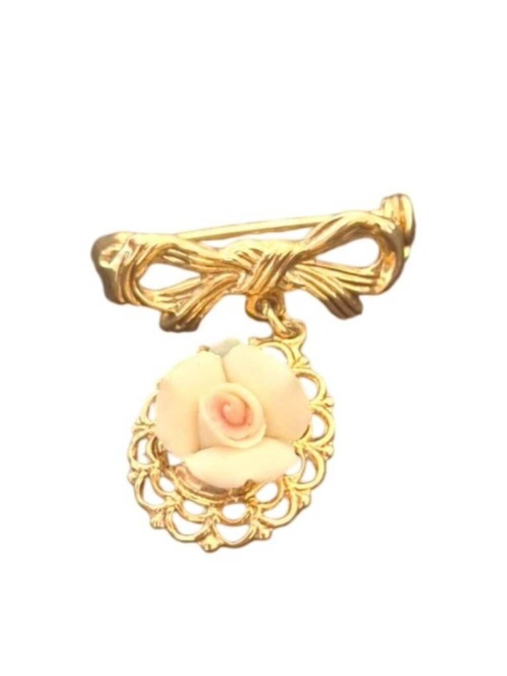 Vintage Porcelain Rose Bow Brooch Gold Tone Filigree Dangle Victorian Cottage